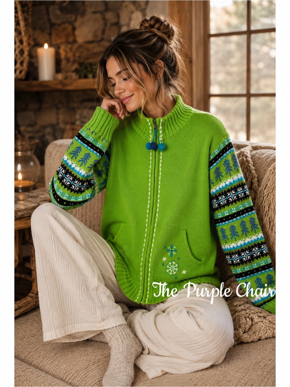 QUAKER FACTORY Vintage Fairisle Embellished Full Zip Cardigan Sweater XL